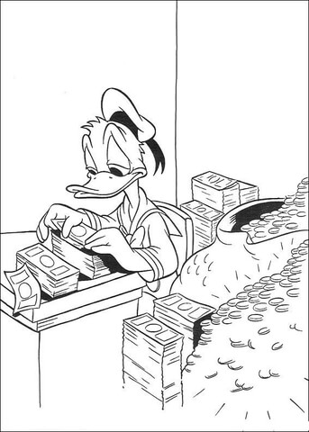 Donald Duck Is Counting Money  Coloring Page